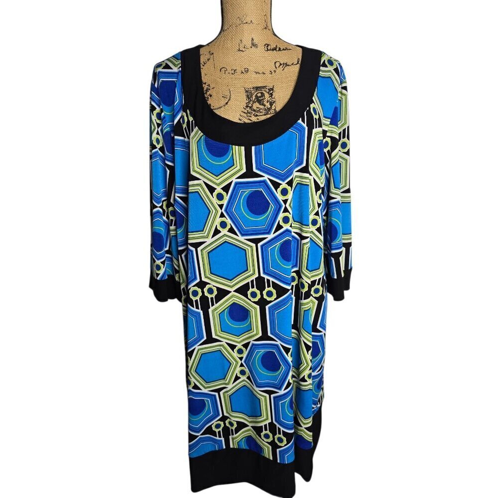 Erica Hannah Neon Blue Mod Print Dress Bell Sleeves Mod